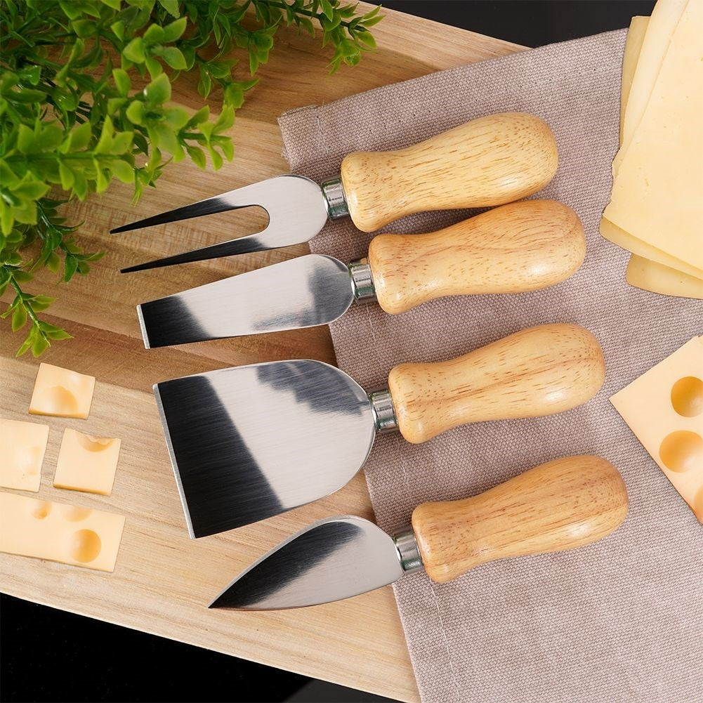 Stainless steel cheese accessory set with wooden handle - 4 parts