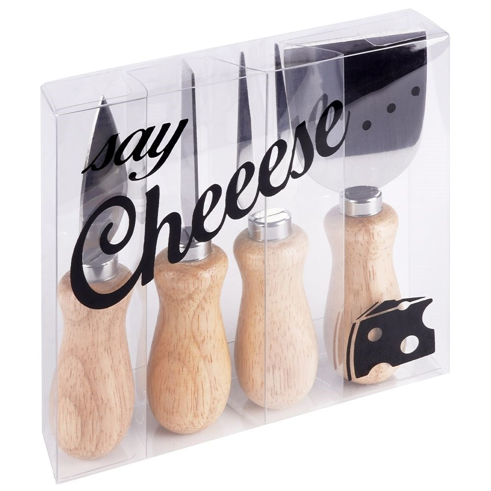 Stainless steel cheese accessory set with wooden handle - 4 parts