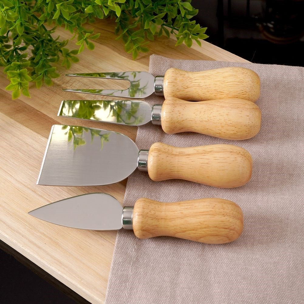 Stainless steel cheese accessory set with wooden handle - 4 parts