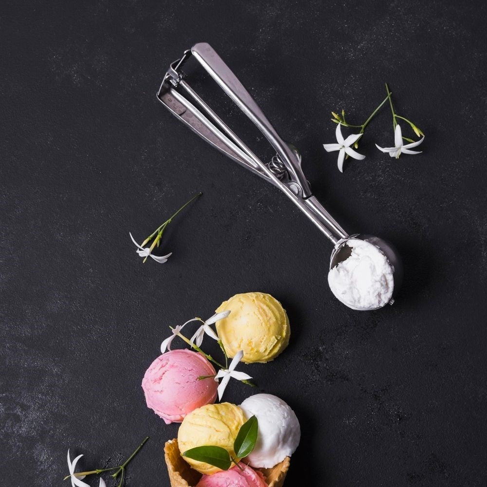 Stainless steel ice cream scoop for even scoops of ice cream, rice and potatoes