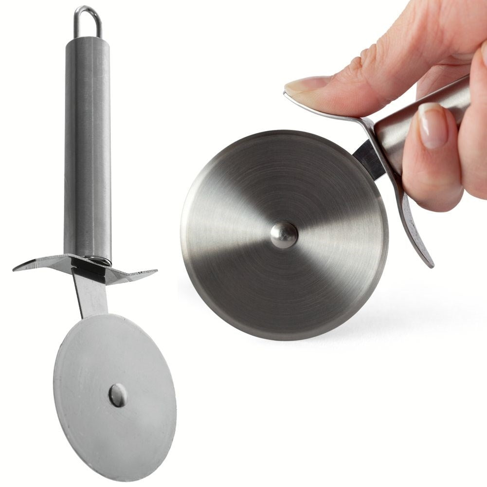 Stainless steel pizza cutter with comfortable handle and suspension