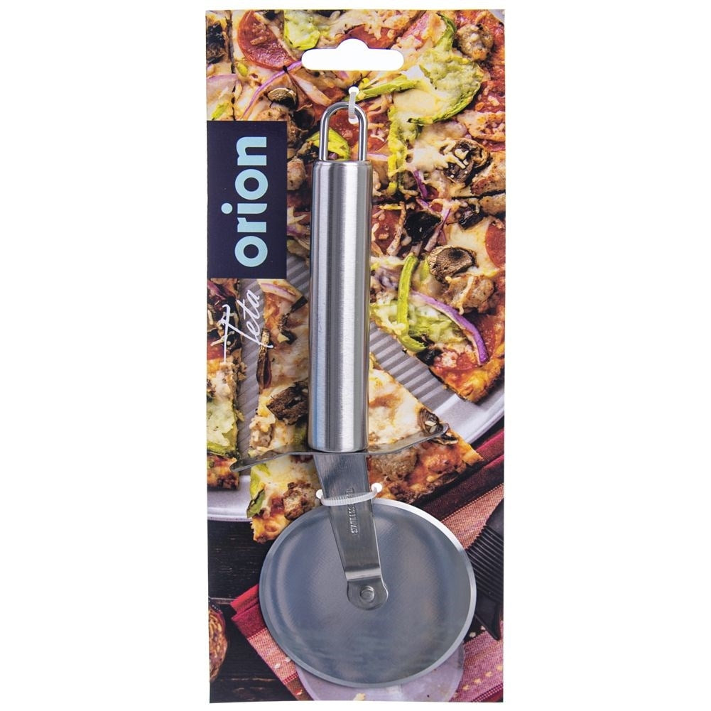 Stainless steel pizza cutter with comfortable handle and suspension