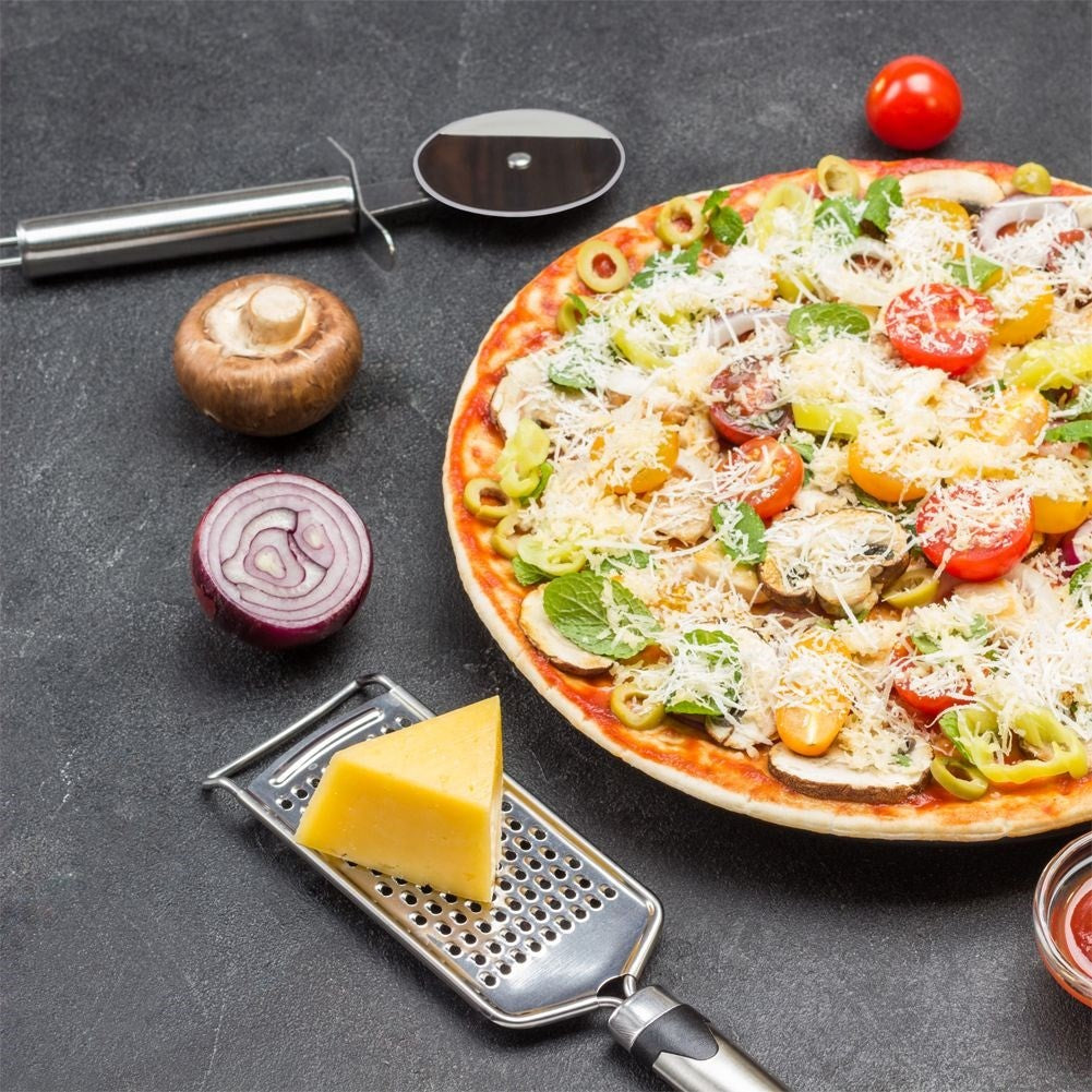 Stainless steel pizza cutter with comfortable handle and suspension