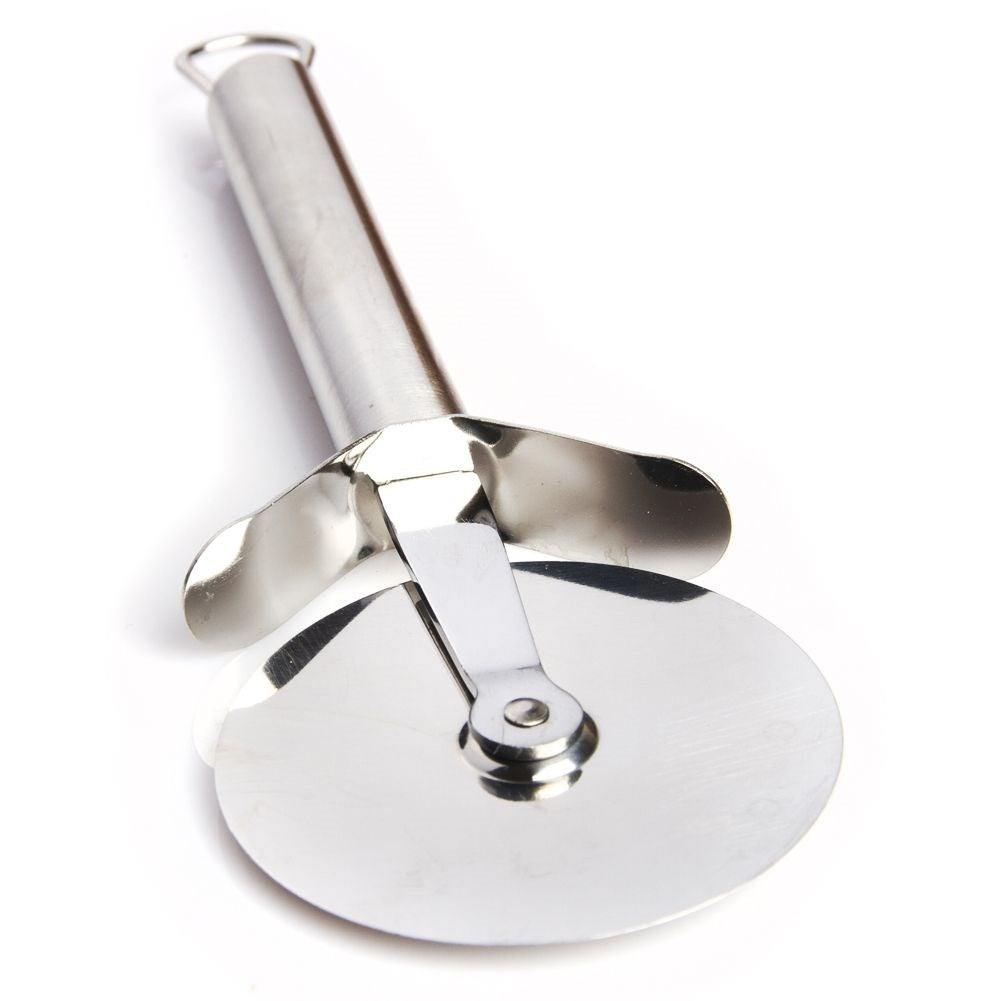Stainless steel pizza cutter with comfortable handle and suspension