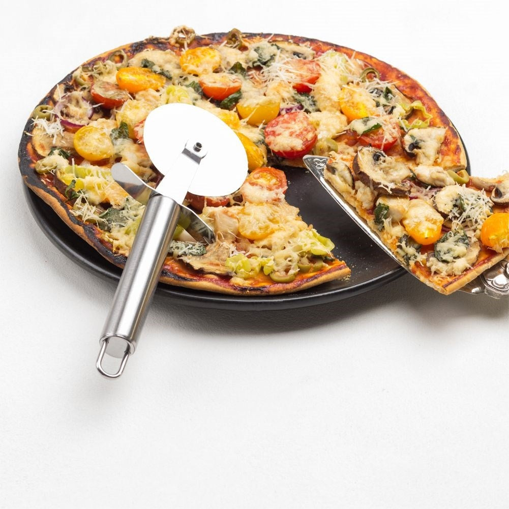 Stainless steel pizza cutter with comfortable handle and suspension
