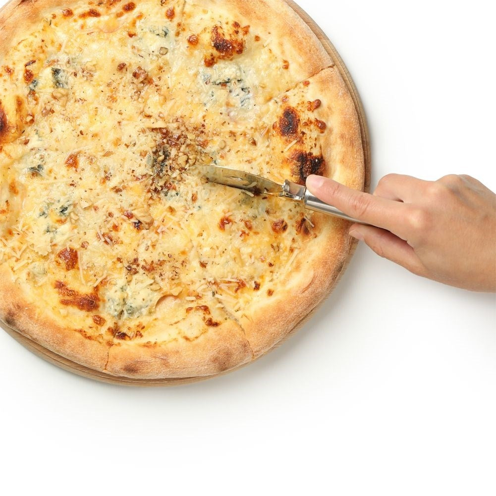 Stainless steel pizza cutter with comfortable handle and suspension
