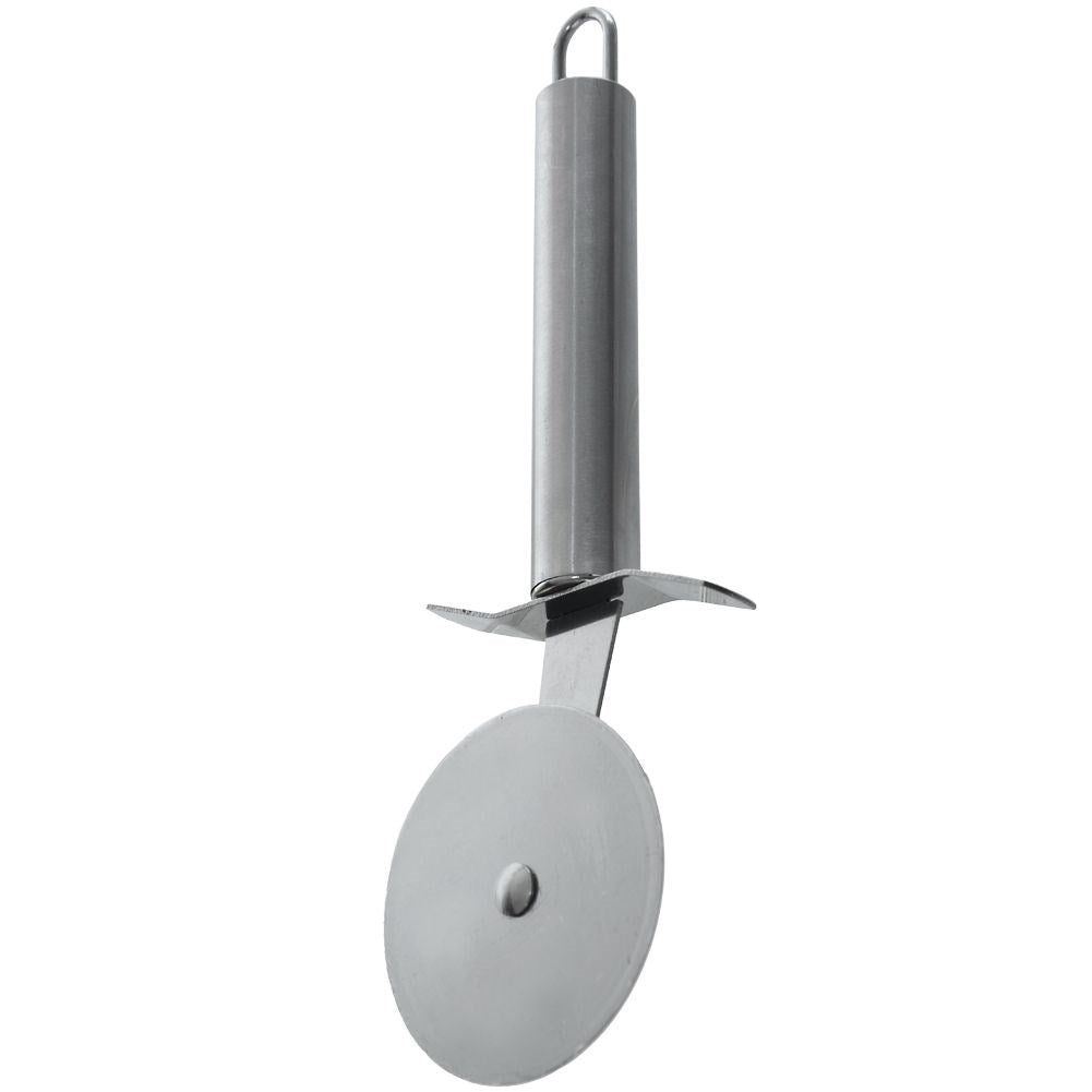 Stainless steel pizza cutter with comfortable handle and suspension