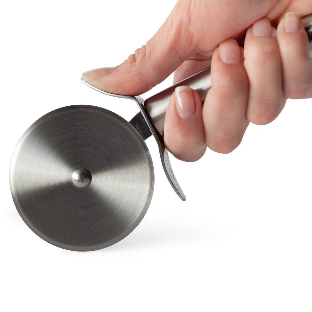 Stainless steel pizza cutter with comfortable handle and suspension