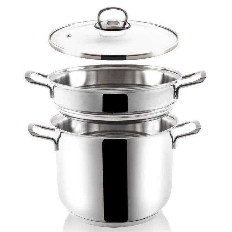 Stainless steel pot with lid and steaming insert for all stoves