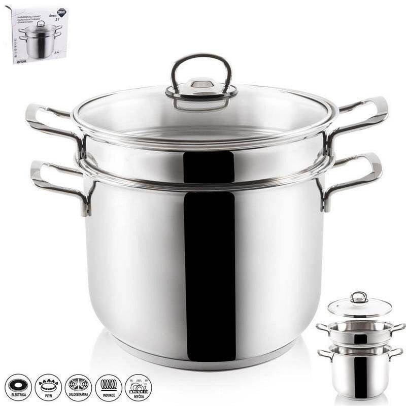 Stainless steel pot with lid and steaming insert for all stoves