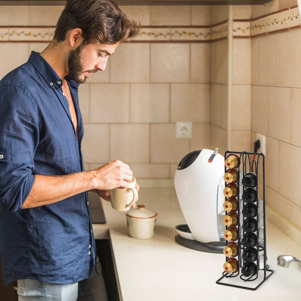 Stand for 32 coffee capsules in black metal