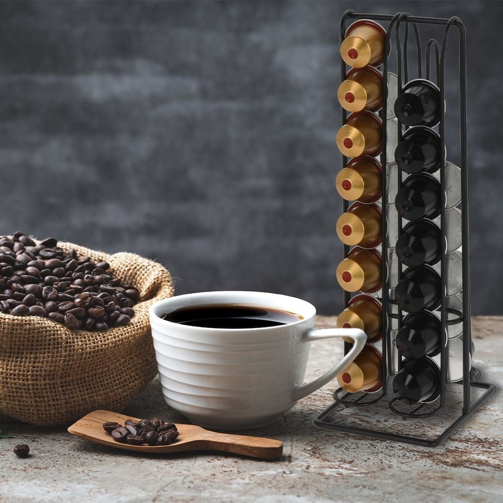 Stand for 32 coffee capsules in black metal