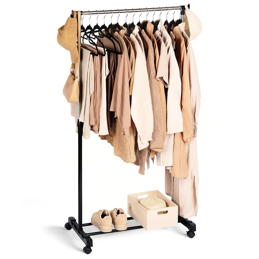 Standing clothes rack, metal, black, on wheels, 140 cm