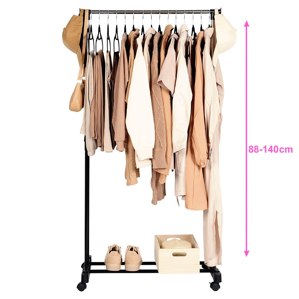 Standing clothes rack, metal, black, on wheels, 140 cm