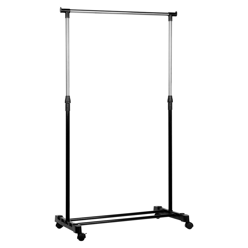 Standing clothes rack, metal, black, on wheels, 140 cm