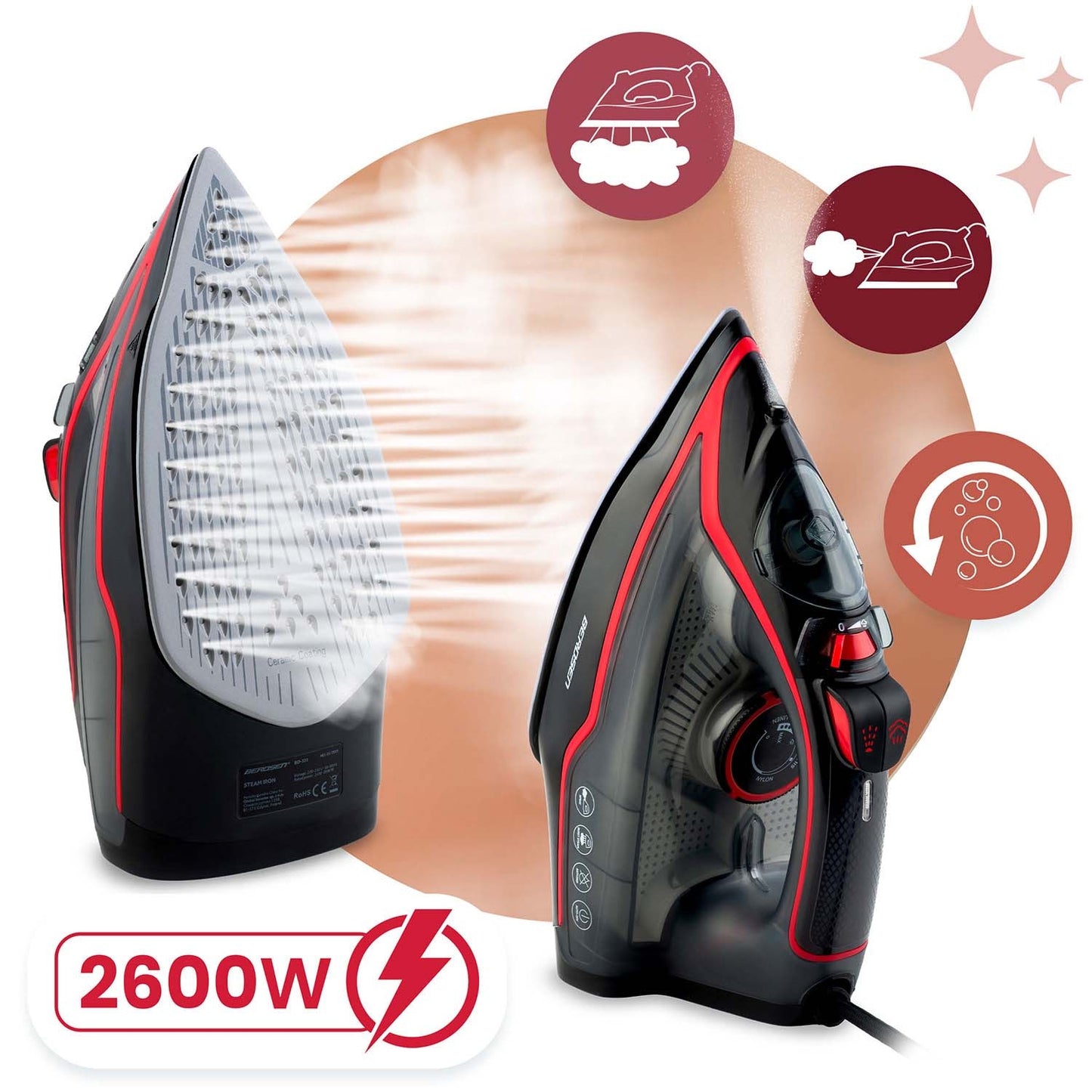 Steam Iron 2600W, Ceramic Soleplate, Vertical Use