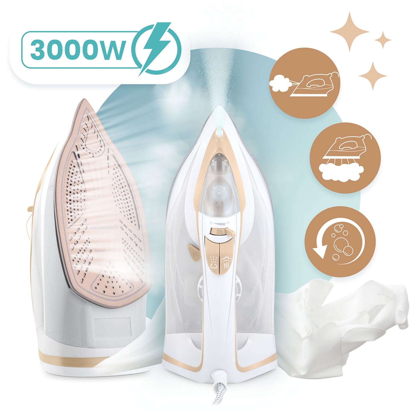Steam Iron 3000W, Ceramic Soleplate, Vertical Use