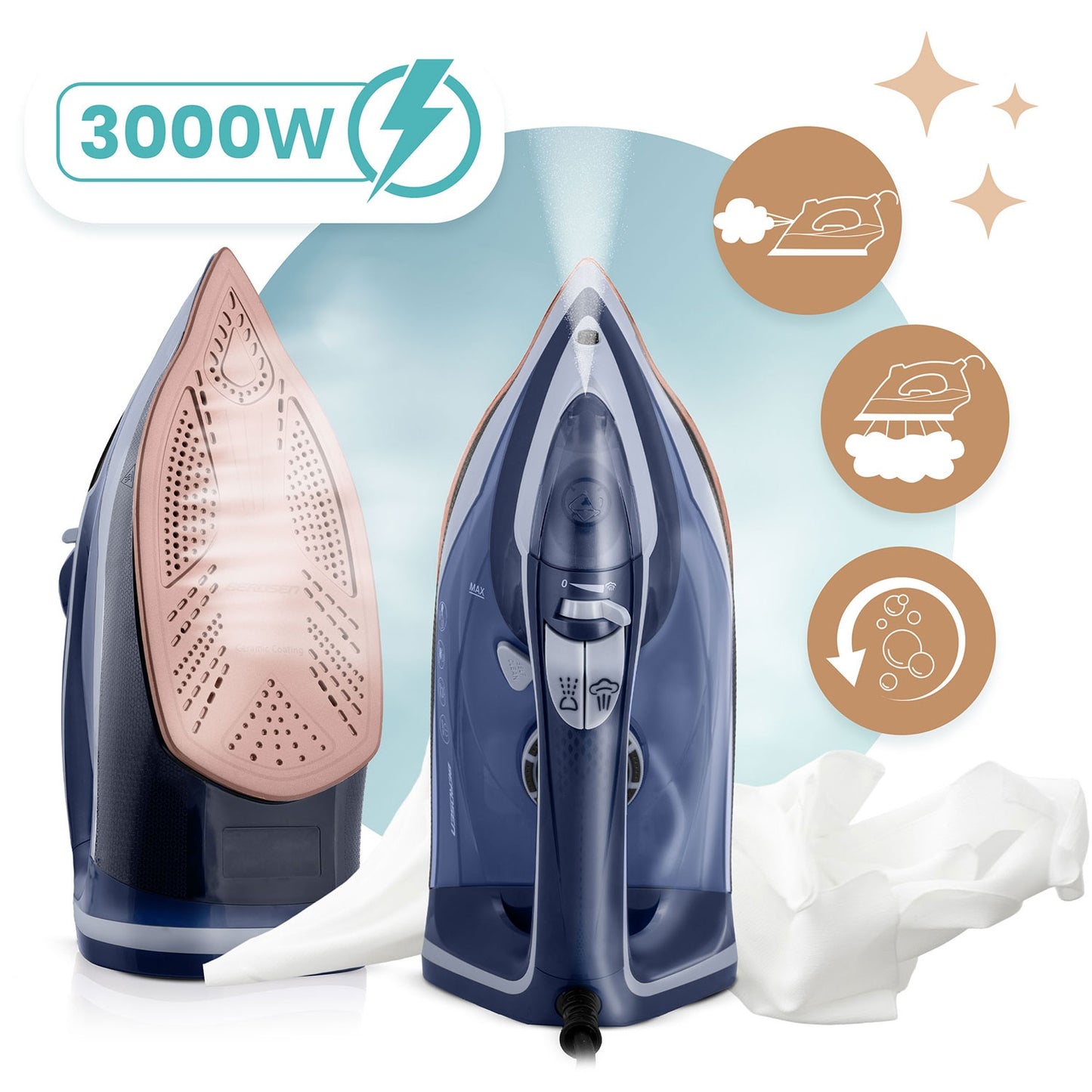 Steam Iron 3000W, Ceramic Soleplate, Vertical Use
