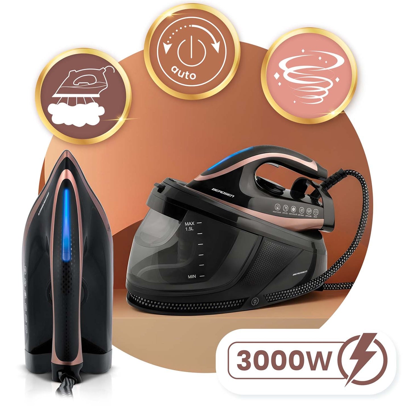 Steam Iron Station, 3000W, Ceramic Soleplate, 1.5L Tank