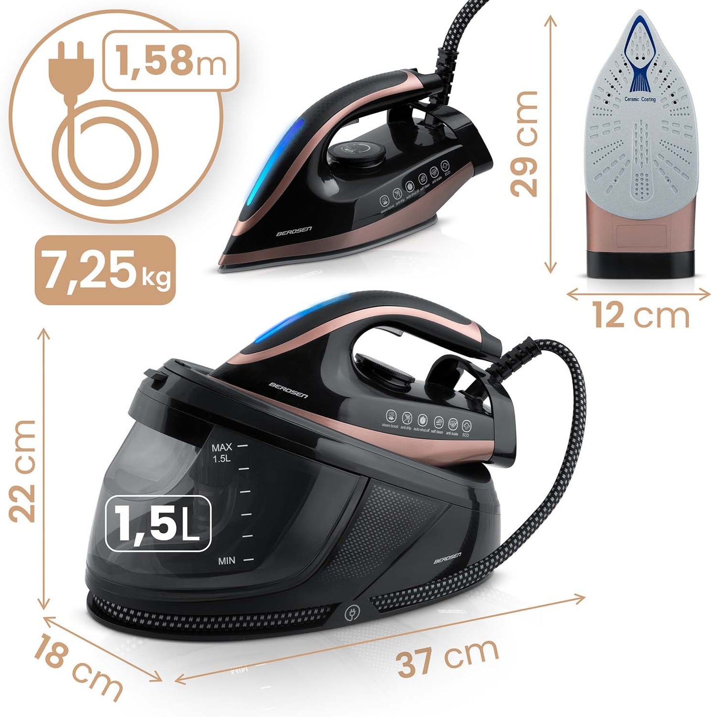 Steam Iron Station, 3000W, Ceramic Soleplate, 1.5L Tank