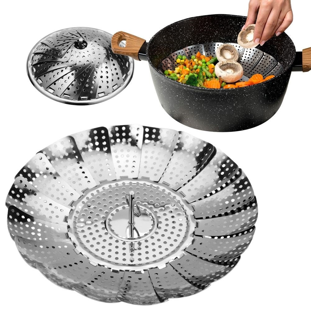 Steaming insert in stainless steel with fold-out legs