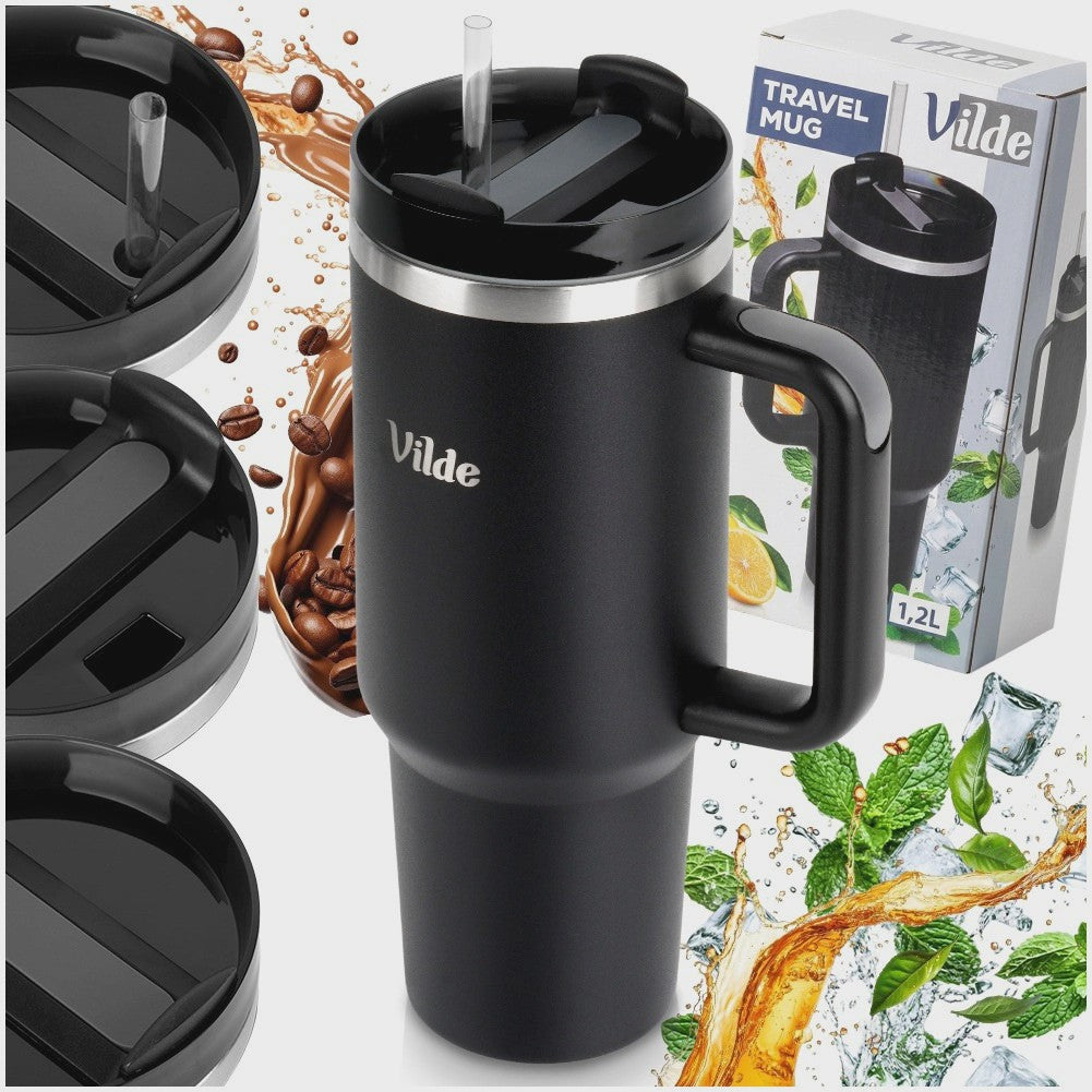 Steel Travel Mug with Handle, 1.2L, Black