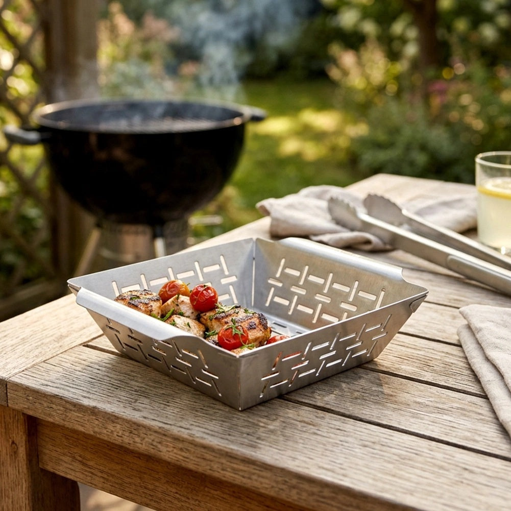 Steel Vegetable Grill Basket, Perforated, 22x18.5x6 cm