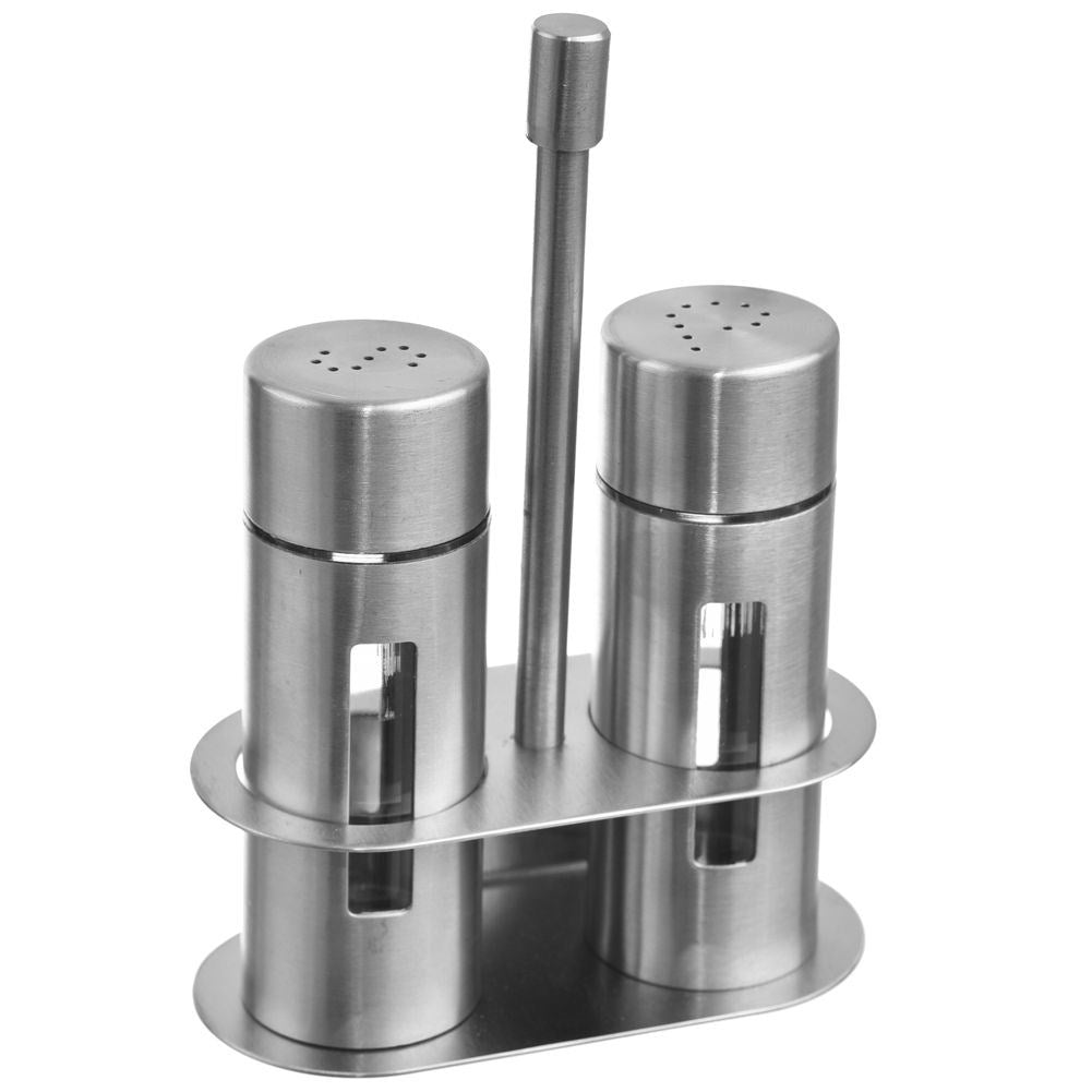Steel salt and pepper shakers with stand, 3 pieces