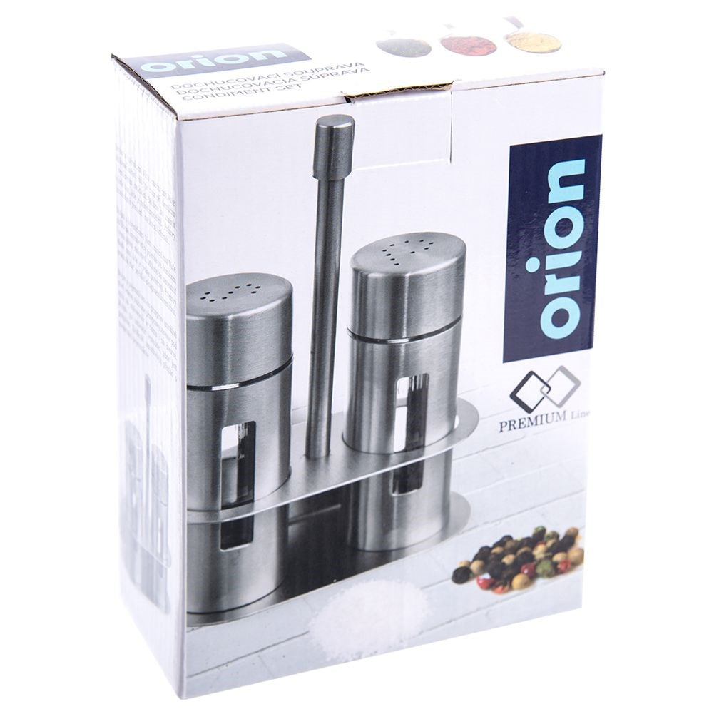 Steel salt and pepper shakers with stand, 3 pieces