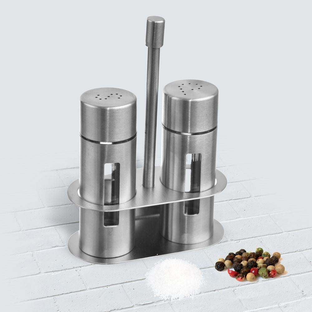 Steel salt and pepper shakers with stand, 3 pieces