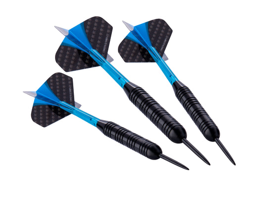 Steeltip Darts 23g, Black Barrel, Blue Shafts & Flights