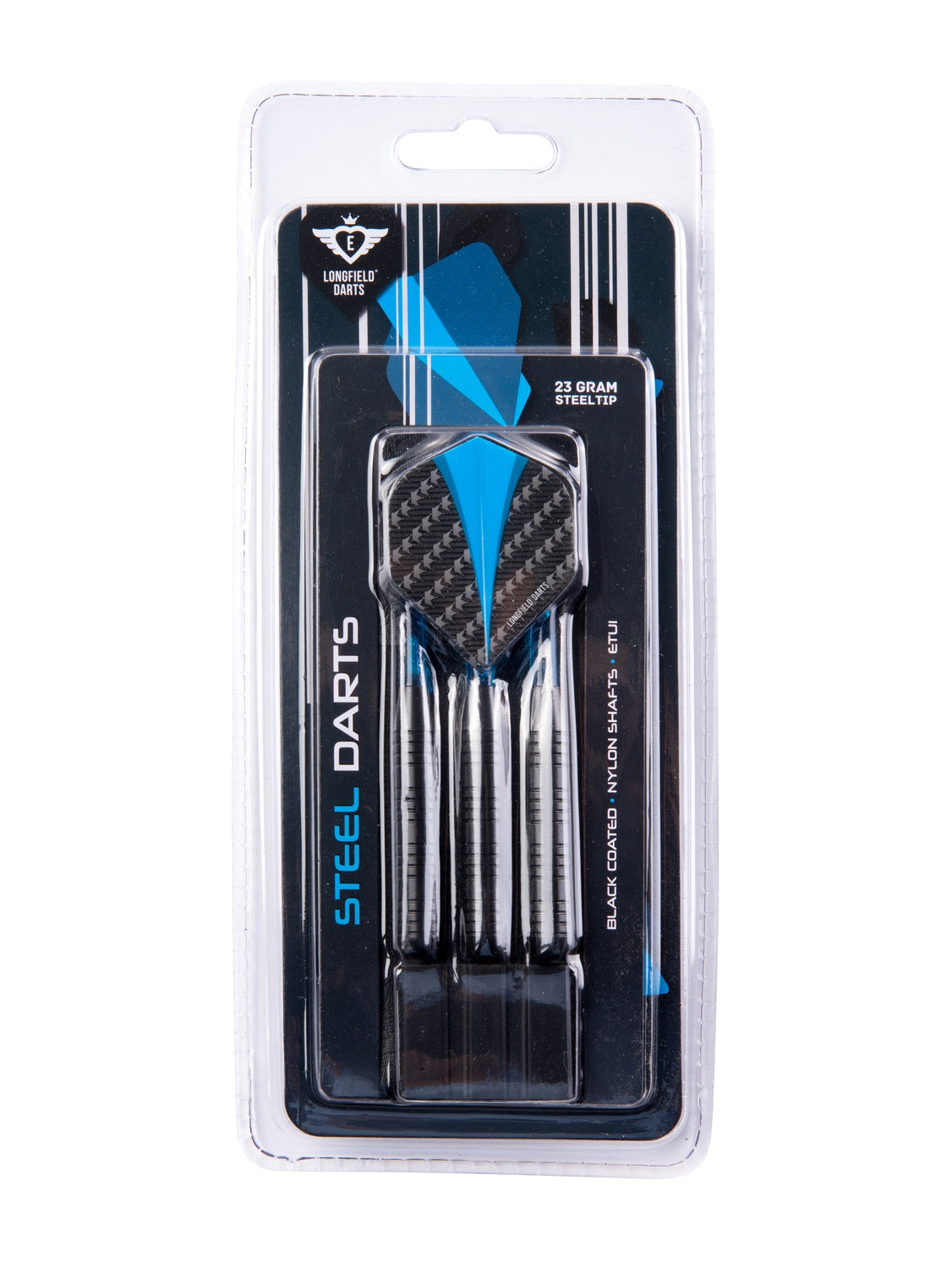 Steeltip Darts 23g, Black Barrel, Blue Shafts & Flights