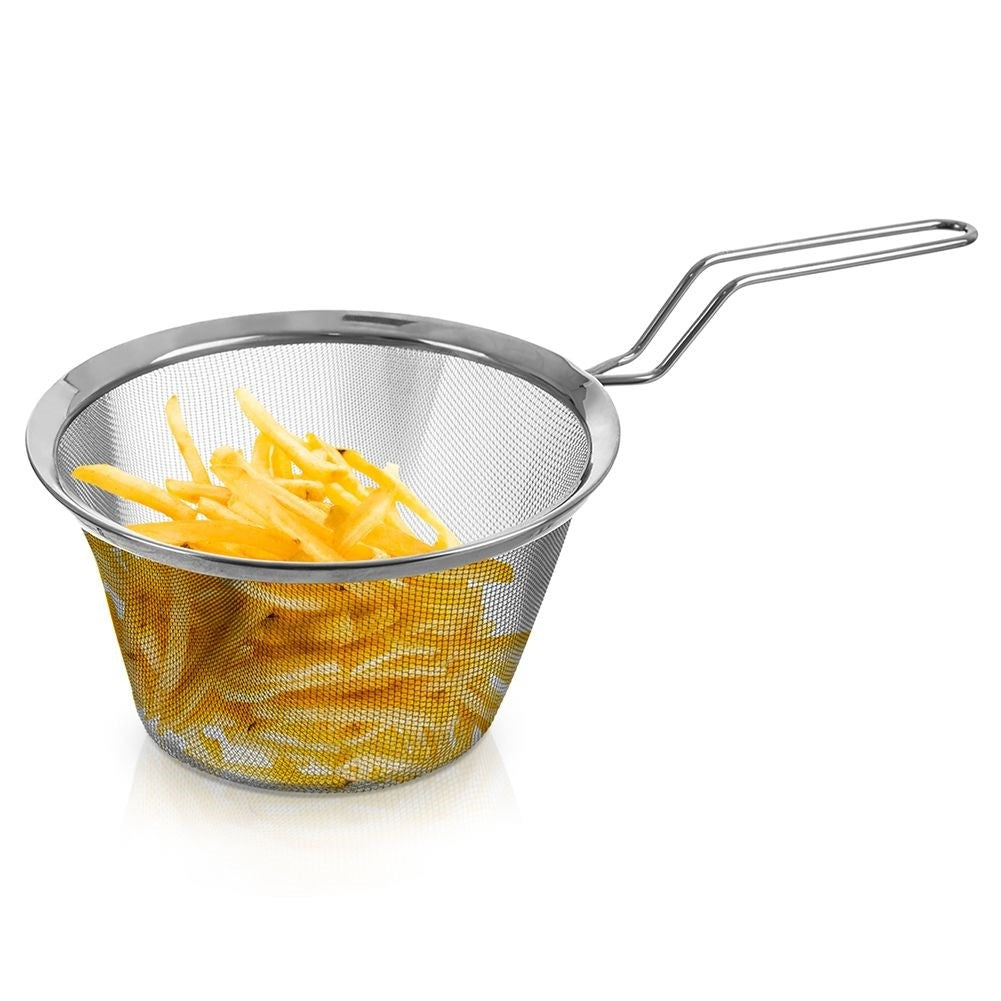 Steel wire basket with long handle for frying and straining