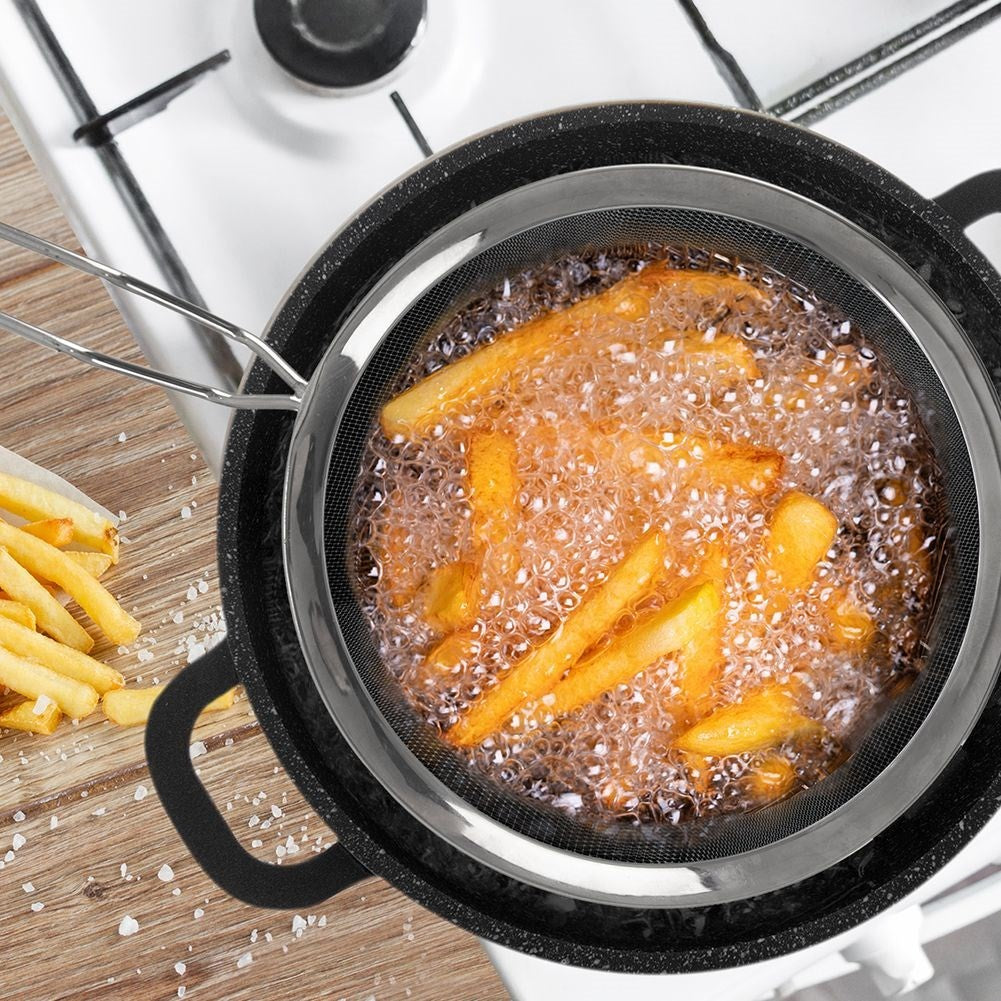 Steel wire basket with long handle for frying and straining