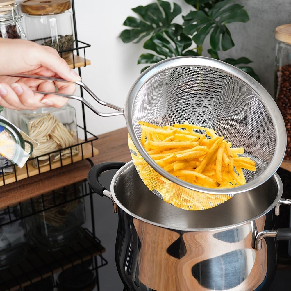 Steel wire basket with long handle for frying and straining