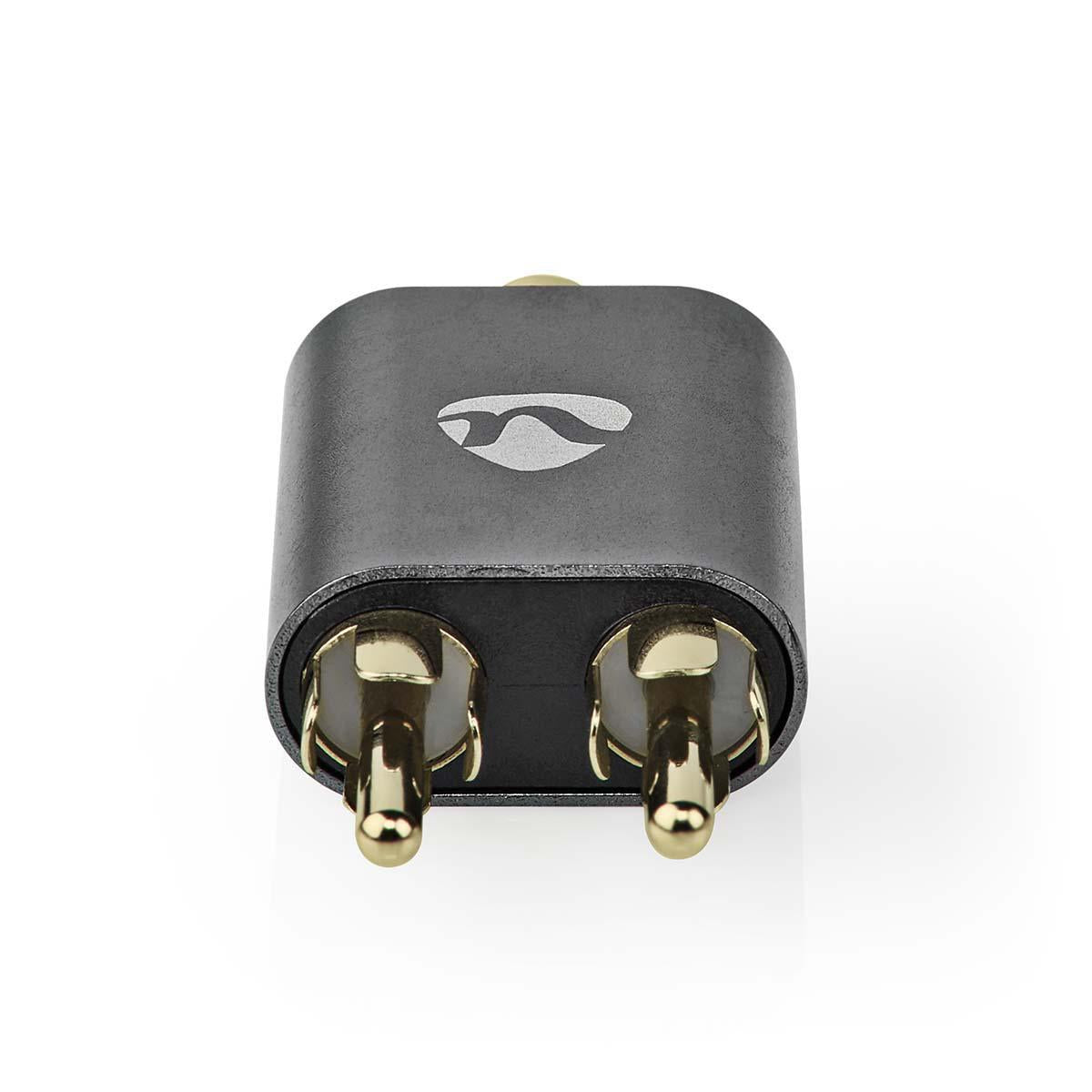 Stereo Audio Adapter | 2x RCA Male | 3.5 mm Female | Gold Plated | Straight | Aluminum | Gray With Metal | 1 pc. | Carton with covered window