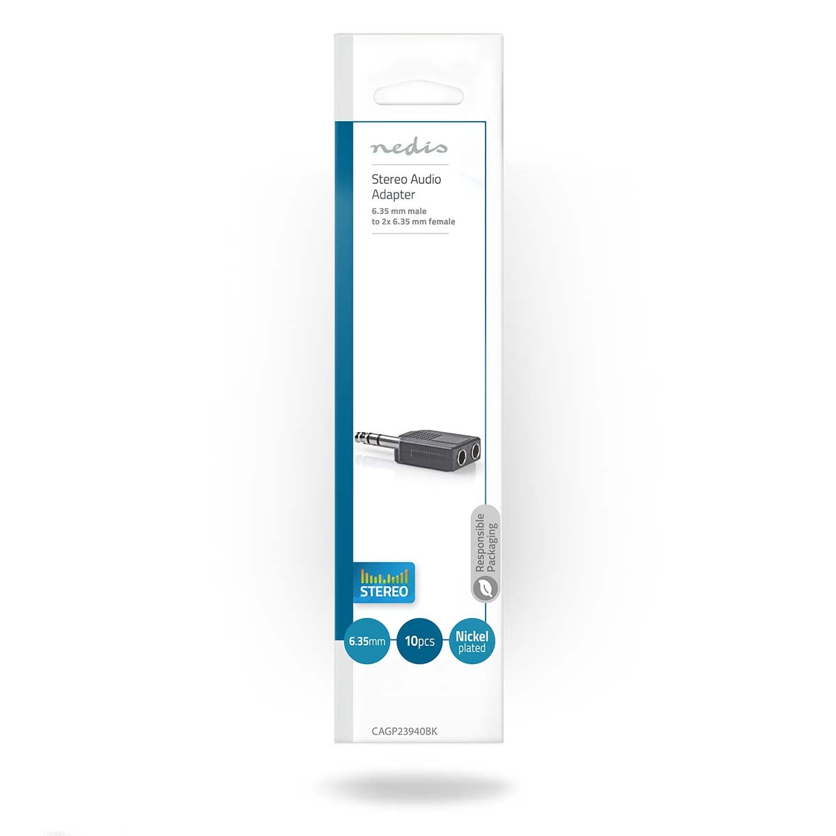 Stereo Audio Adapter | 6.35 mm Male | 2x 6.35 mm Female | Nickel Plated | Straight | ABS | Black | 10 pieces. | Envelope