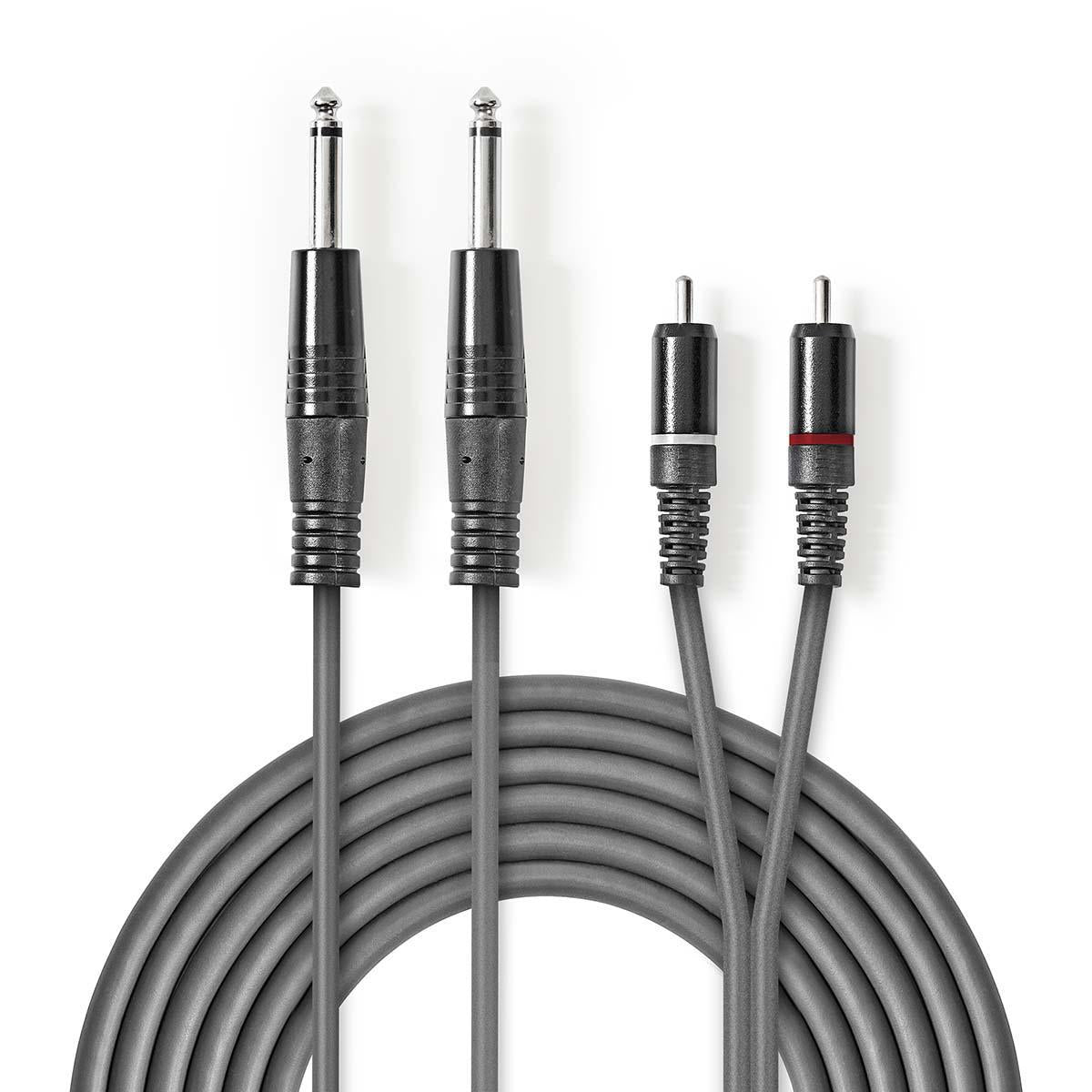Stereo Audio Cable | 2x 6.35 mm Male | 2x RCA Male | Nickel plated | 1.50 m | Round | Dark gray | Cardboard sleeve