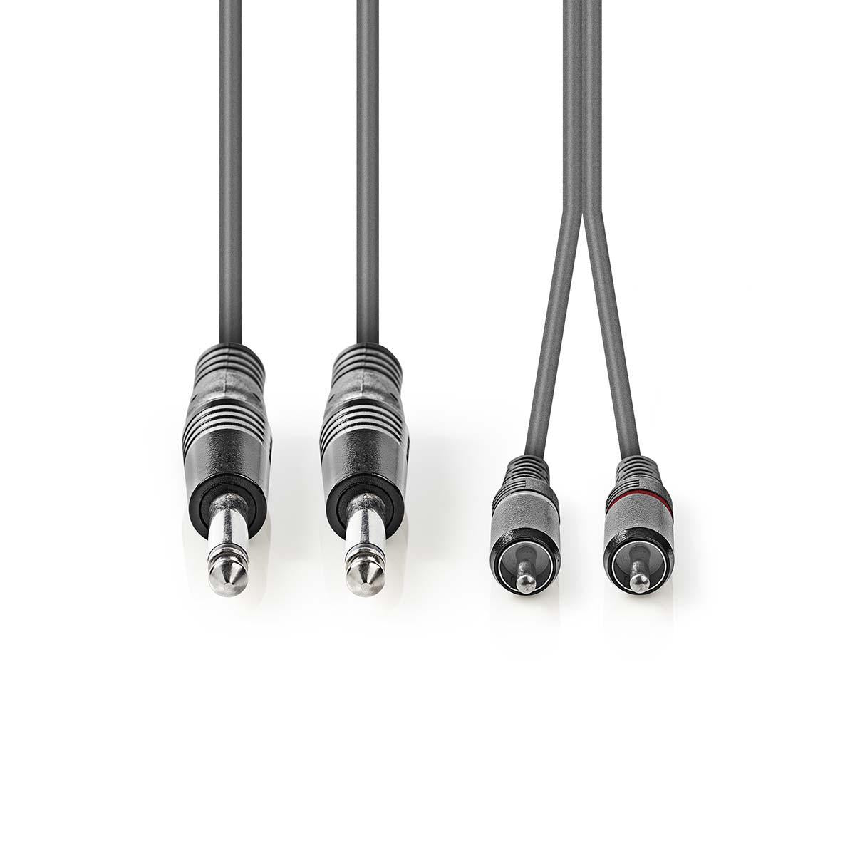 Stereo Audio Cable | 2x 6.35 mm Male | 2x RCA Male | Nickel plated | 5.00 m | Round | Dark gray | Cardboard sleeve
