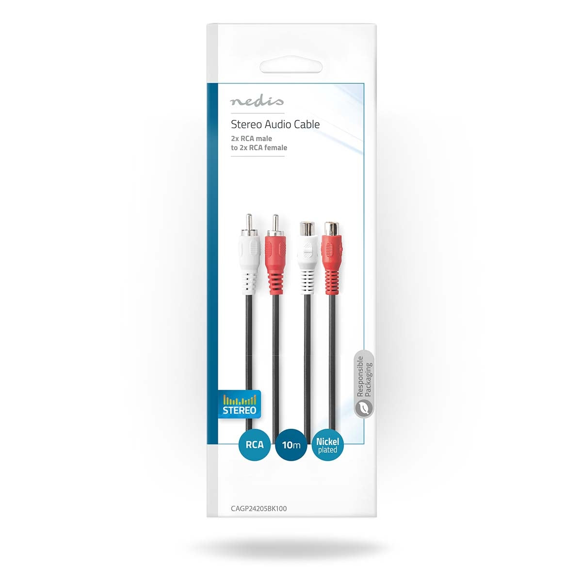 Stereo Audio Cable | 2x RCA Male | 2x RCA Female | Nickel Plated | 10.0 m | Round | Black | Plastic bag