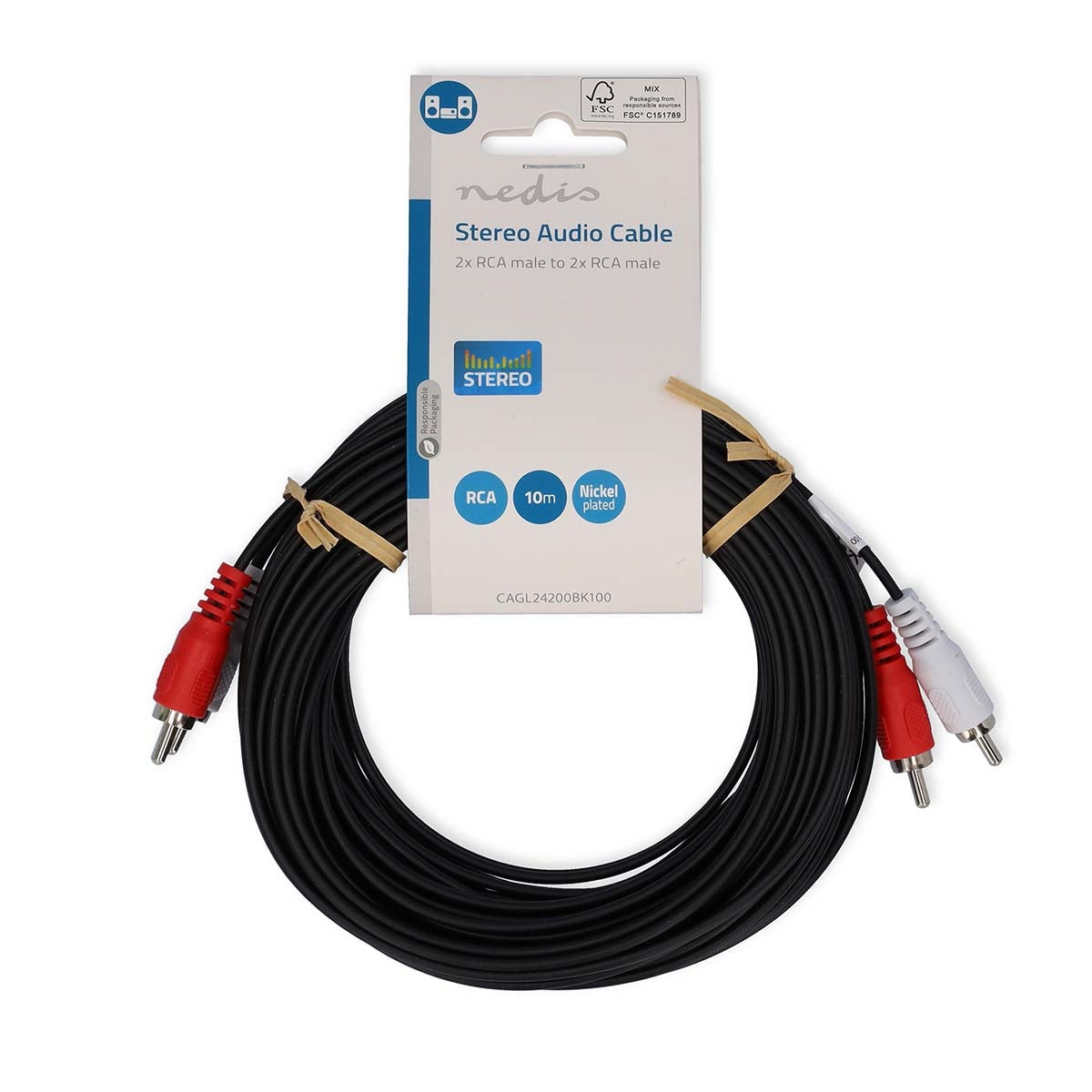 Stereo Audio Cable | 2x RCA Male | 2x RCA Male | Nickel Plated | 10.0 m | Round | Red / White | Label