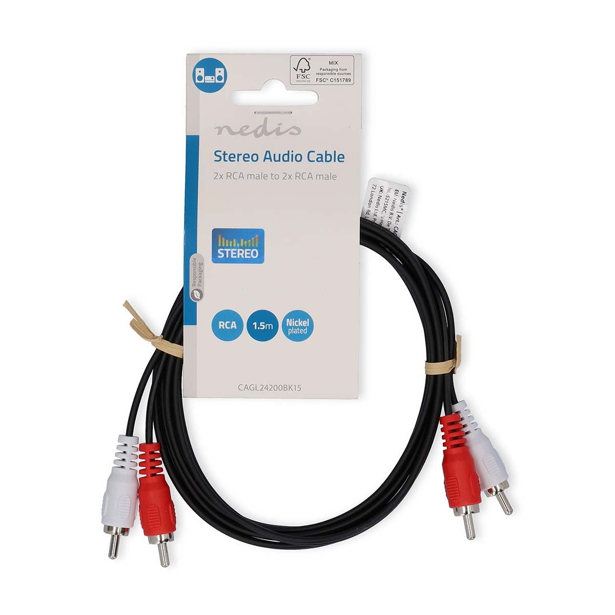 Stereo Audio Cable | 2x RCA Male | 2x RCA Male | Nickel Plated | 1.50 m | Round | Black | Label
