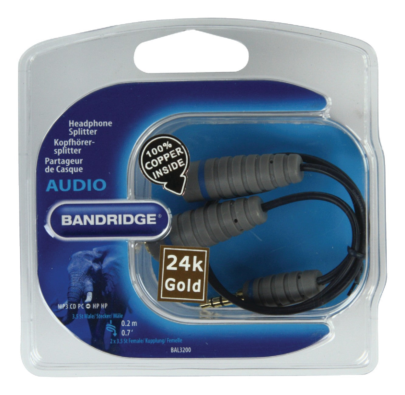 Stereo Audio Cable 3.5 mm Male - 2x 3.5 mm Female 0.20 m Blue