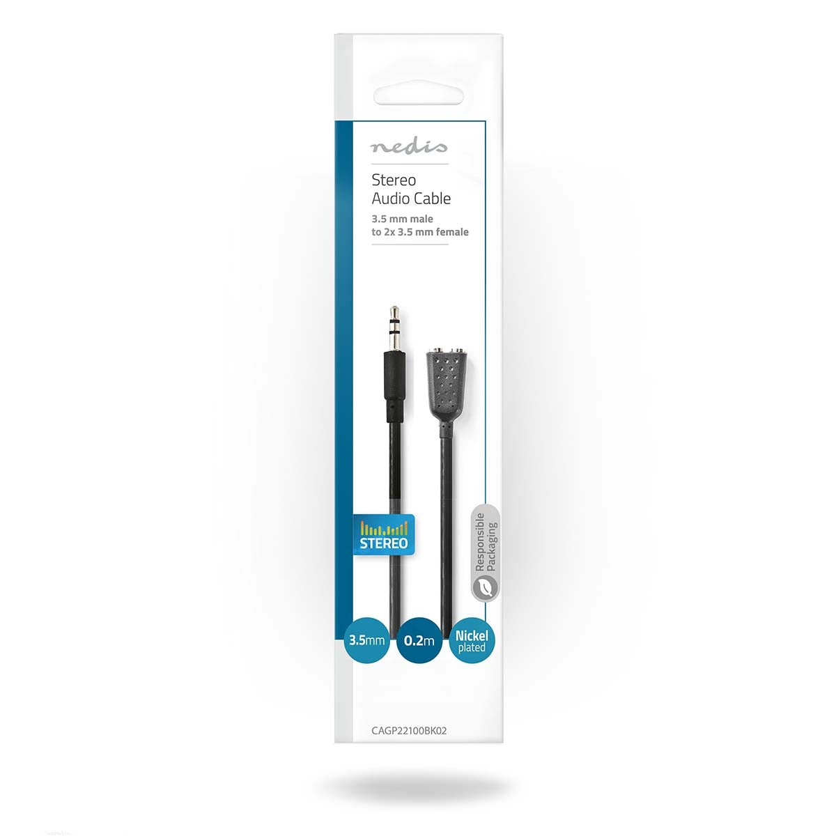 Stereo Audio Cable | 3.5 mm Male | 2x 3.5 mm, Female | Nickel Plated | 0.20 m | Round | Black | Envelope