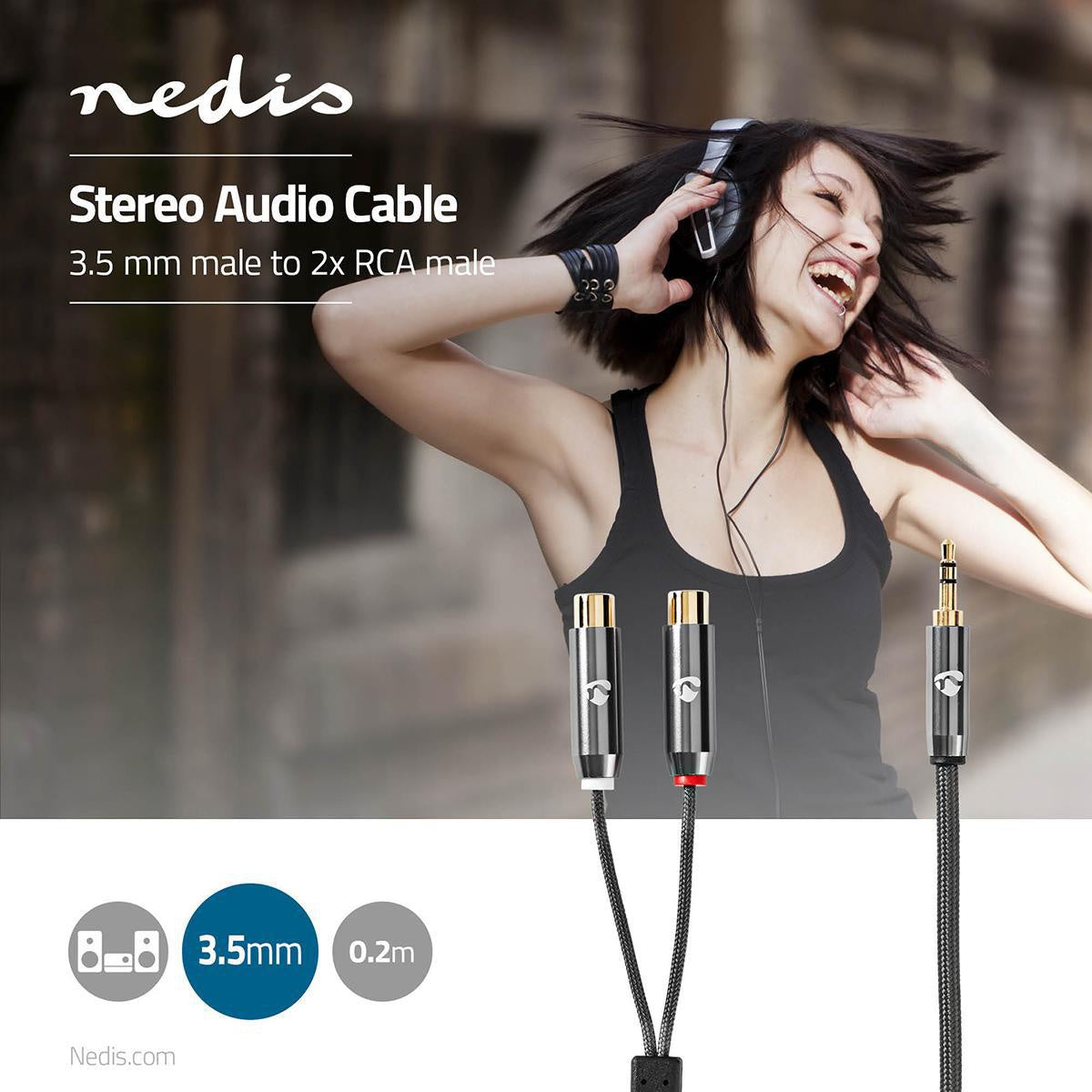 Stereo Audio Cable | 3.5 mm Male | 2x RCA Female | Gold Plated | 0.20 m | Round | Gray / Gray With Metal | Carton with covered window