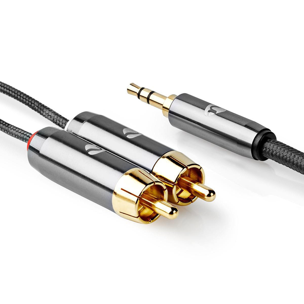 Stereo Audio Cable | 3.5 mm Male | 2x RCA Male | Gold Plated | 1.00 m | Round | Gray / Gray With Metal | Carton with covered window