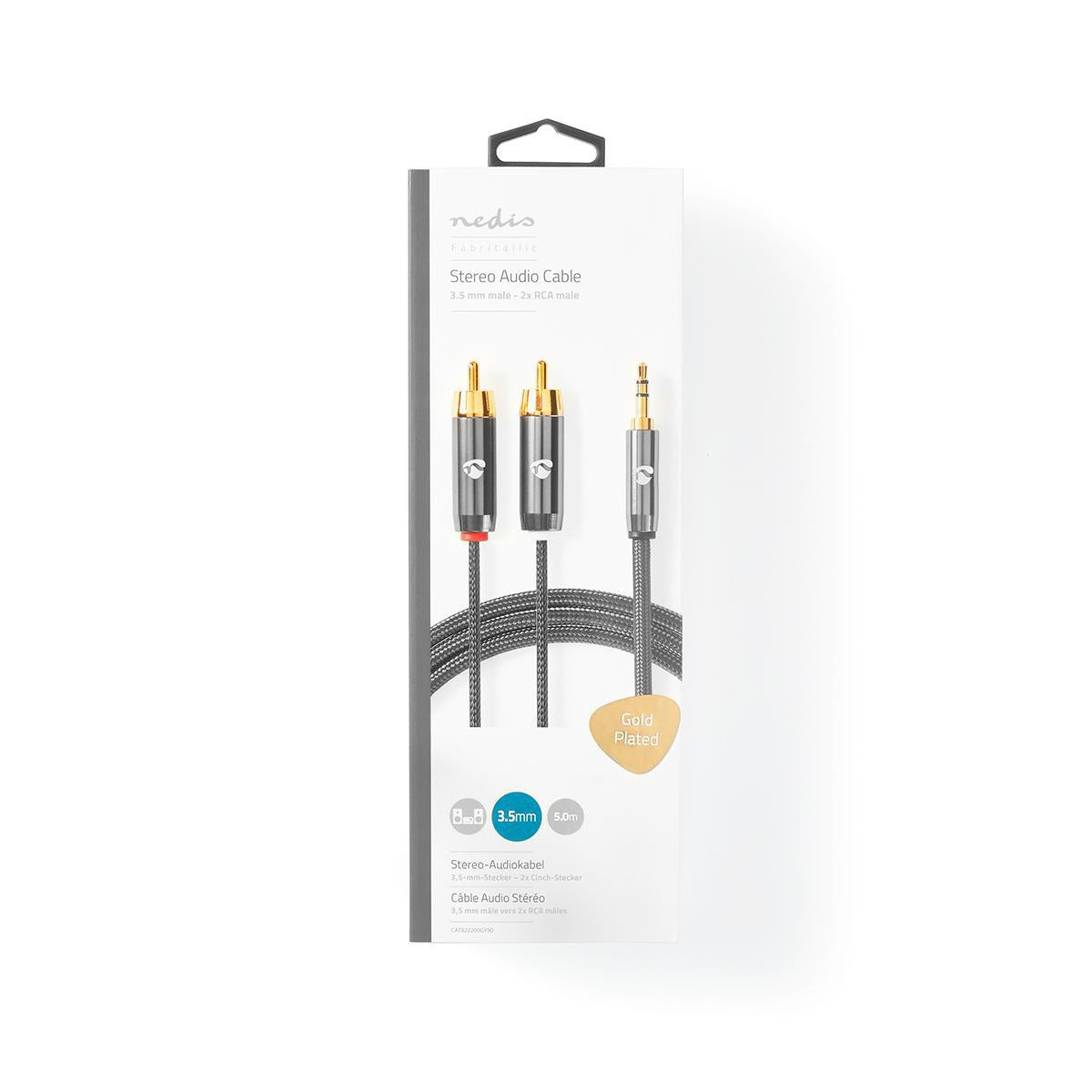 Stereo Audio Cable | 3.5 mm Male | 2x RCA Male | Gold Plated | 5.00 m | Round | Gray With Metal | Carton with covered window
