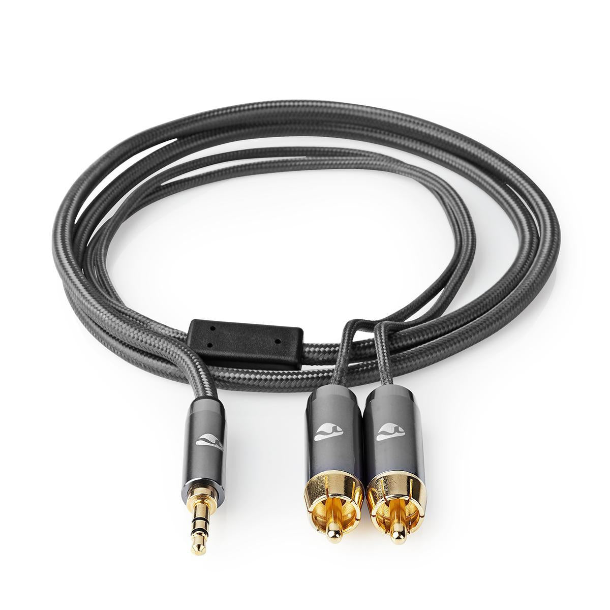 Stereo Audio Cable | 3.5 mm Male | 2x RCA Male | Gold Plated | 5.00 m | Round | Gray With Metal | Carton with covered window