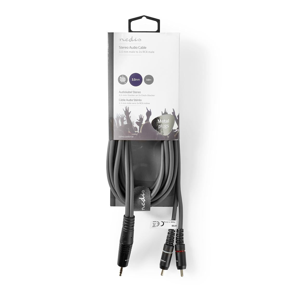 Stereo Audio Cable | 3.5 mm Male | 2x RCA Male | Nickel plated | 3.00 m | Round | Dark gray | Cardboard sleeve
