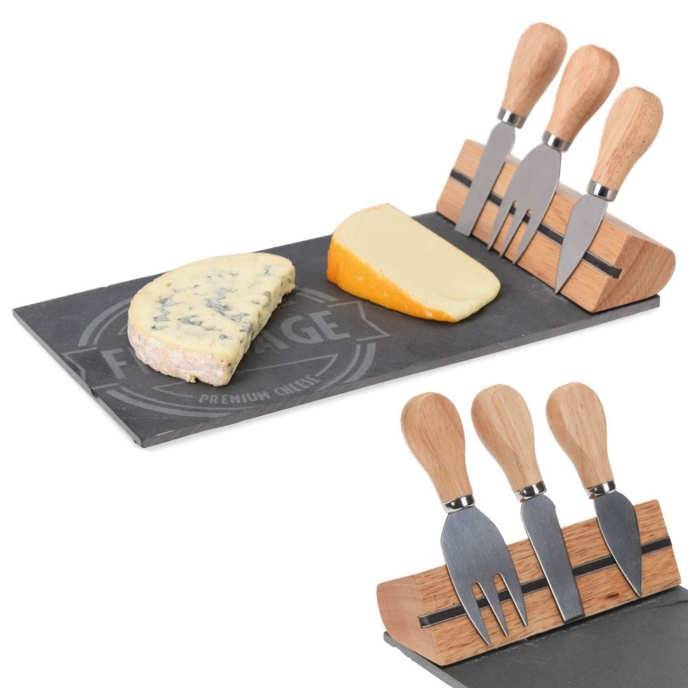 Stone cutting board for cheese with magnetic strip and three knives